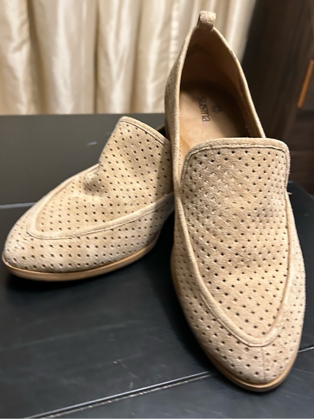 Susina Perforated Suede Slip-On Loafers in Light Tan